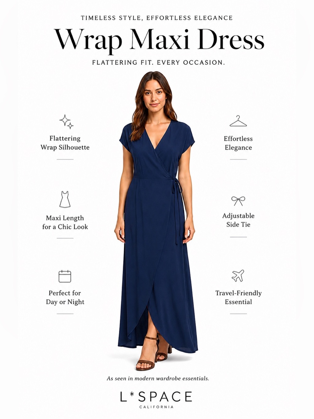L*Space Blue maxi Dress Wrap Goa In Midnight Blue V neck Side Tie Size large